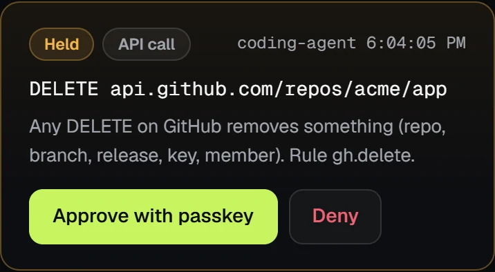 A held request in the Counterseal app: DELETE api.github.com/repos/acme/app, held by rule gh.delete, with the buttons Approve with passkey and Deny.